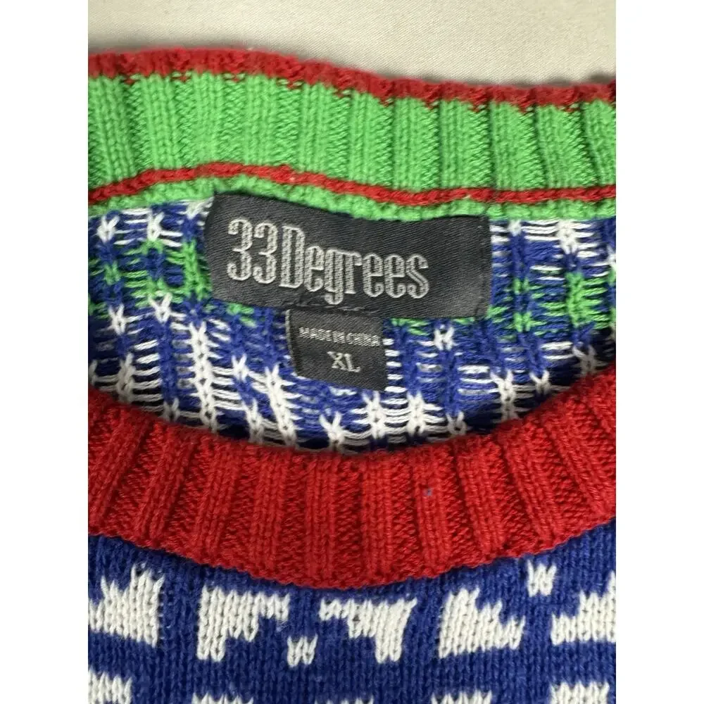 33 Degrees Santa Riding T-Rex Ugly Christmas Sweater Mens XL Blue Holiday